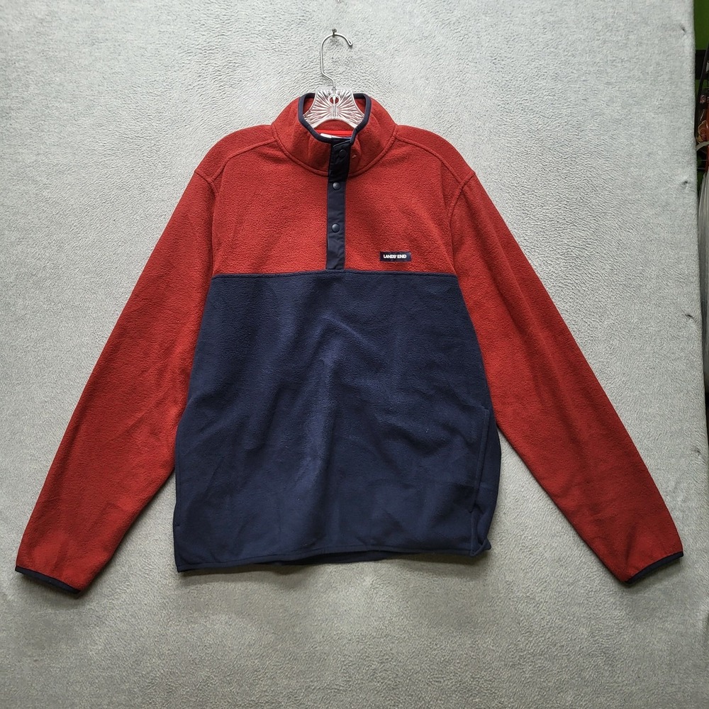 Lands' End Men Sweatshirt L Red Colorblock Fleece Snap Button Long Sleeve